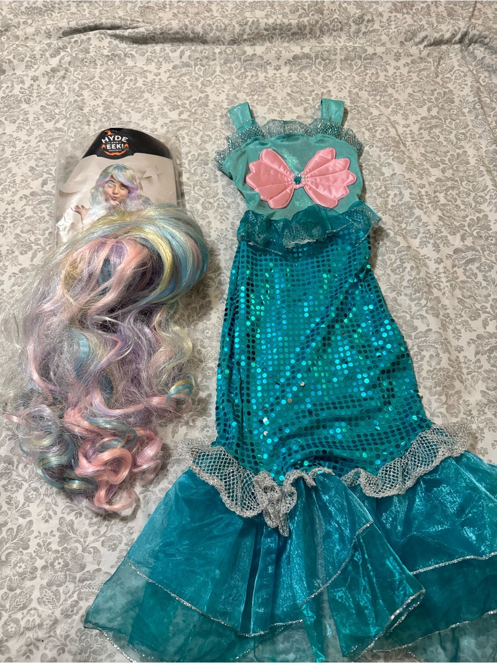 Pastel colored wig and Teal and Pink Sequin Mermaid Costume Dress bundle